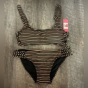 Sparkly rose gold and black striped bathing suit